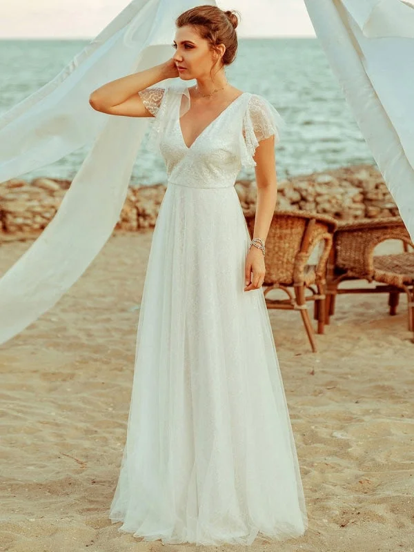 Simple Wedding Dress 2021 A Lne V Neck Short Sleeve Floor Length Tulle Beach Wedding Party Dresses Bridal Gowns Stylish Women's Tropical 