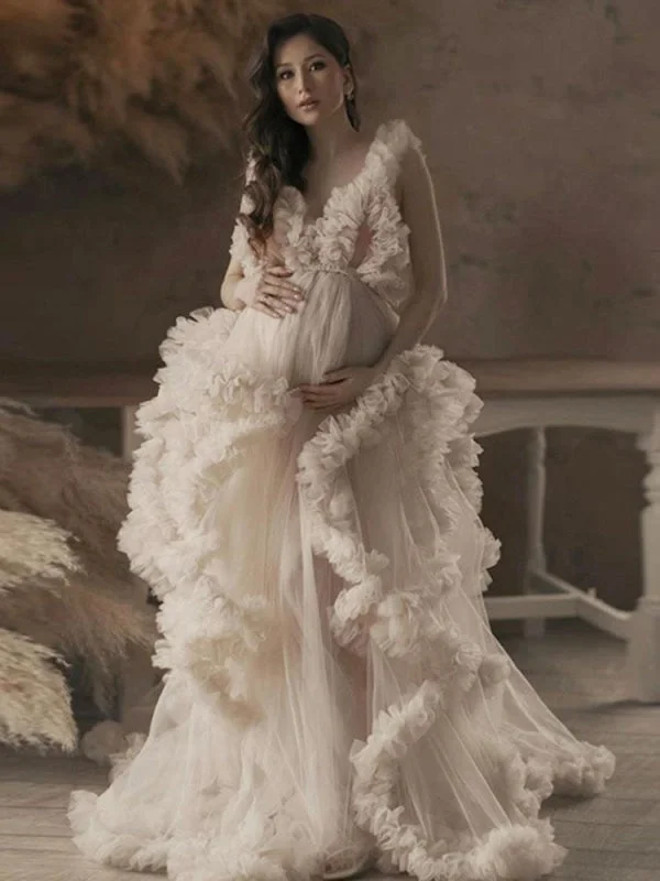 Maternity Wedding Dress Ecru White V-Neck Sleeveless Tulle Long Bridge Gowns With Train Traditional Women's Wool