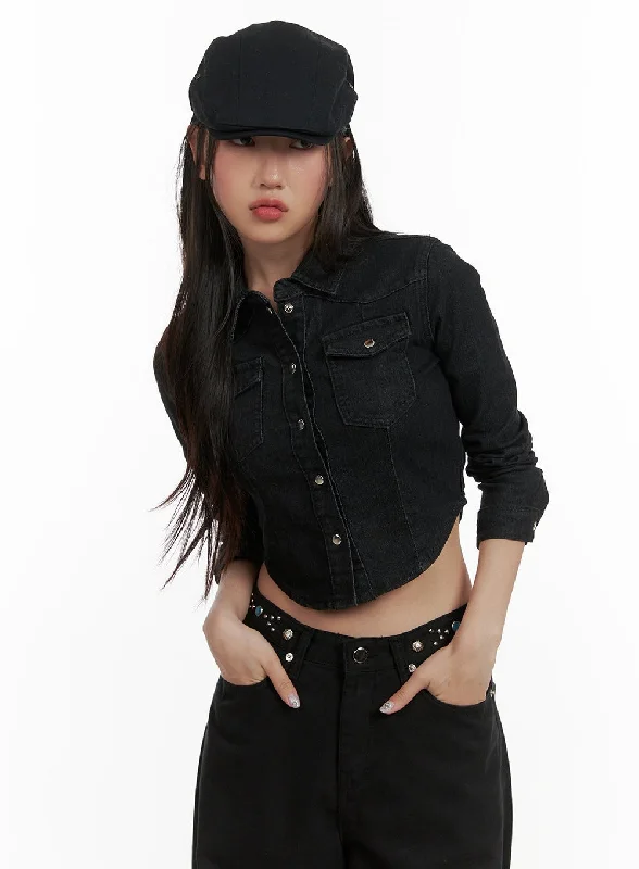 Denim Pocketed Button-Up Crop Shirt CY403 Classic Women's Pin - striped