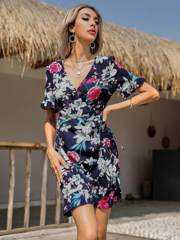 Floral Belted Half Sleeve V Neck Wrap High Waist Short Dress Adventure