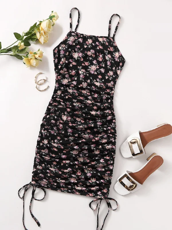 All Over Print Rib-Knit Sleeveless Spaghetti Strap Pencil Natural Mini Dress Luxurious Women's High -  end