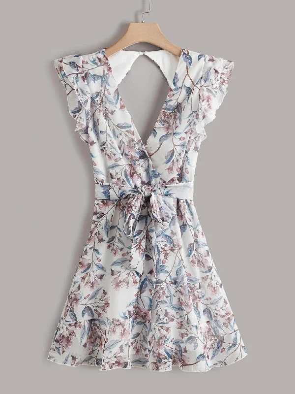 Floral Button Sleeveless V Neck Flounce High Waist Short Dress Stylish Women's Tropical 