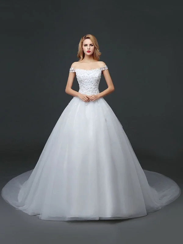 Princess Wedding Dresses Off The Shoulder Lace 3D Flowers Applique Tulle Ivory Long Train Bridal Gown Sleek Women's Metallic