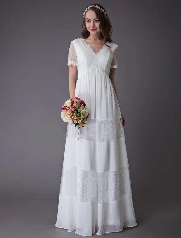 Boho Wedding Dresses Lace Chiffon Patchwork Ivory Short Sleeve Gypsy Maxi Beach Bridal Gowns Exclusive Athletic Women's 
