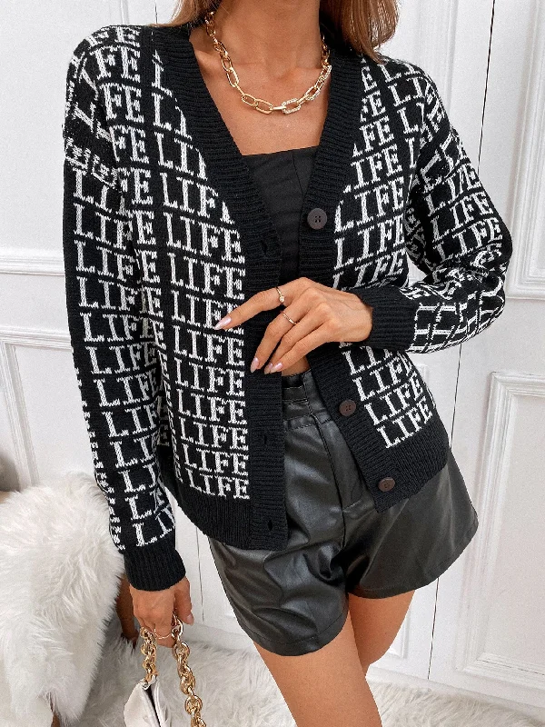 Casual Letter Button Front Long Sleeve Regular Women Cardigan Geometric