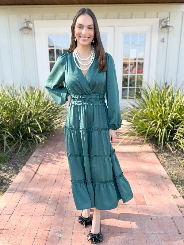 The Dabney Satin Pleated Dress-Hunter Green European