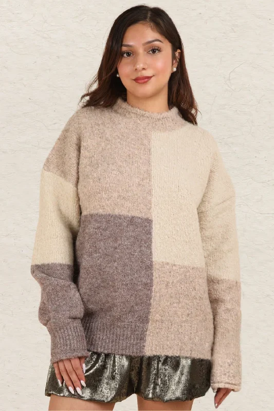 Color Block Mock Neck Sweater - Cream Hip Women's Retro