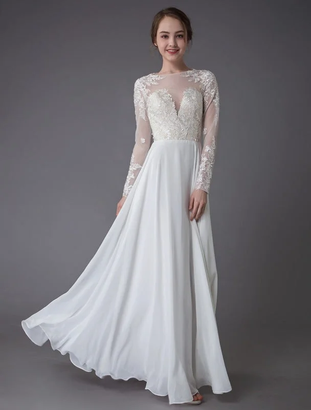 Boho Wedding Dresses Chiffon Jewel Long Sleeve Pleated A Line Beach Bridal Gowns Exclusive Trendy Women's Oversized