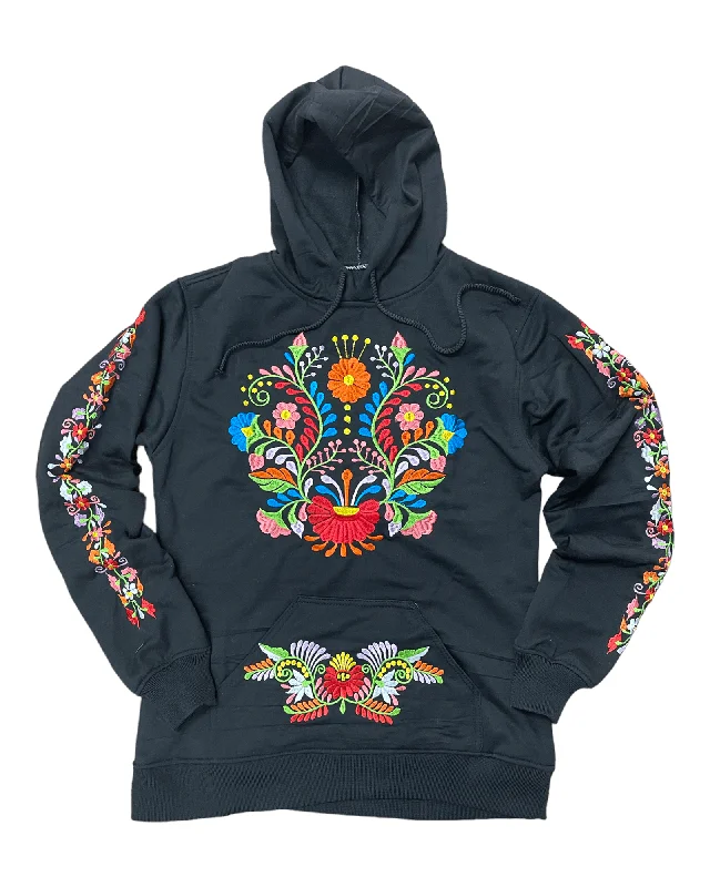 Mexican Floral Embroidered Hoodie Black Modern Women's 