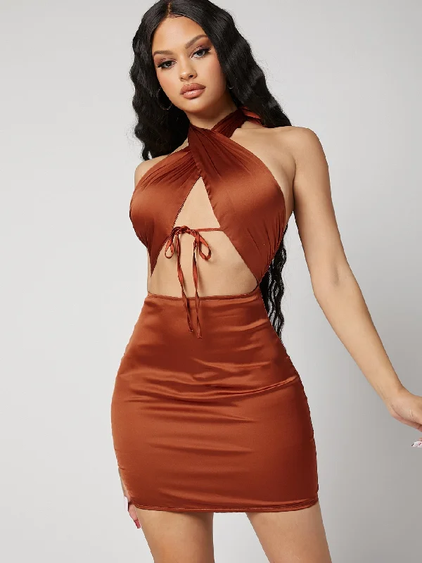 Plain Tie Front Sleeveless Halter Pencil Natural Short Dress Vacation