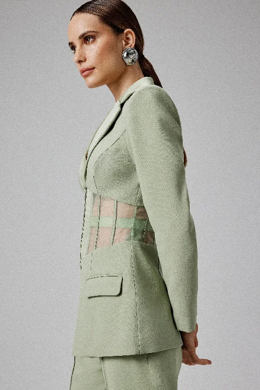 ROSIE Sheer Satin Mix Corset Blazer in Sage Green Casual Women's Japanese 