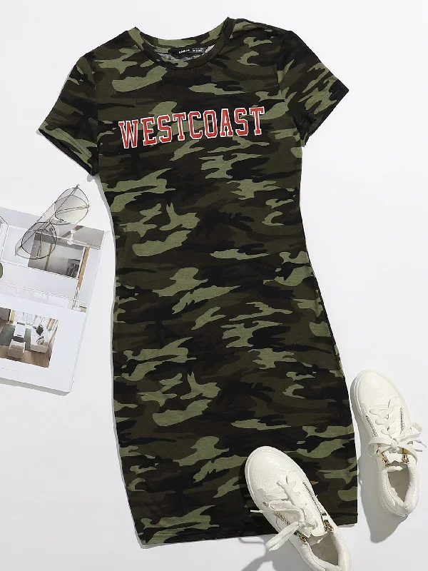 Camo Cap Sleeve Round Neck Pencil Natural Short Dress Modern Women's Tech