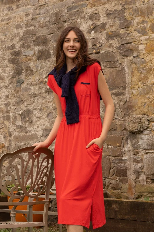 Casual Tie Red Midi Dress Relaxed Women's 