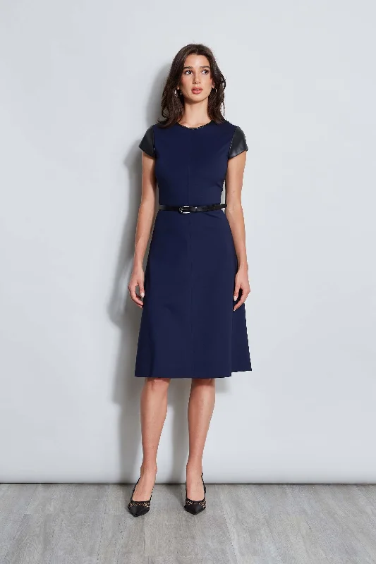 Vegan Leather Short Sleeve Belted Knit Dress Stylish Women's Tropical 