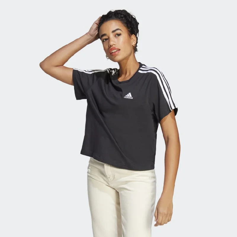 ADIDAS WOMEN'S ESSENTIALS 3-STRIPES SINGLE JERSEY BLACK CROP TEE Casual Women's Loose - fitting