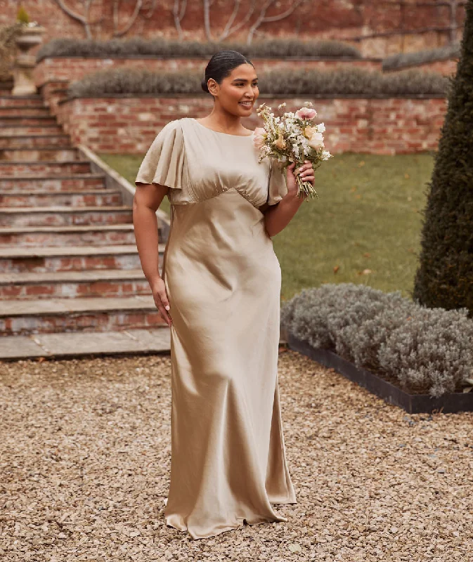 Gathered Bust Flutter Sleeve Satin Bridesmaid Dress - Champagne Modern Women's Tech