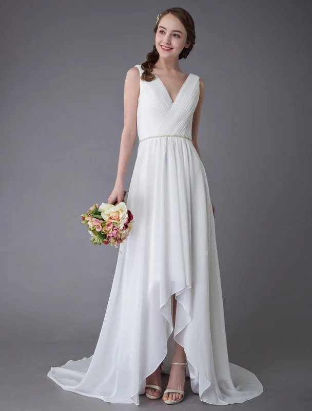 Beach Wedding Dresses Chiffon V Neck High Low Sash Summer Bridal Dress Exclusive Modern Women's 