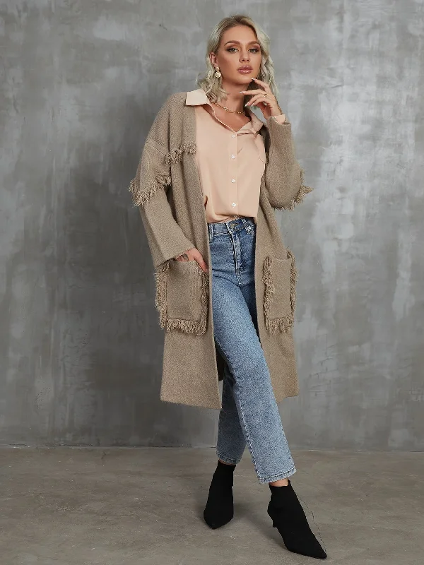 Casual Plain Pocket Long Sleeve Midi Women Cardigan Traditional Women's Wool