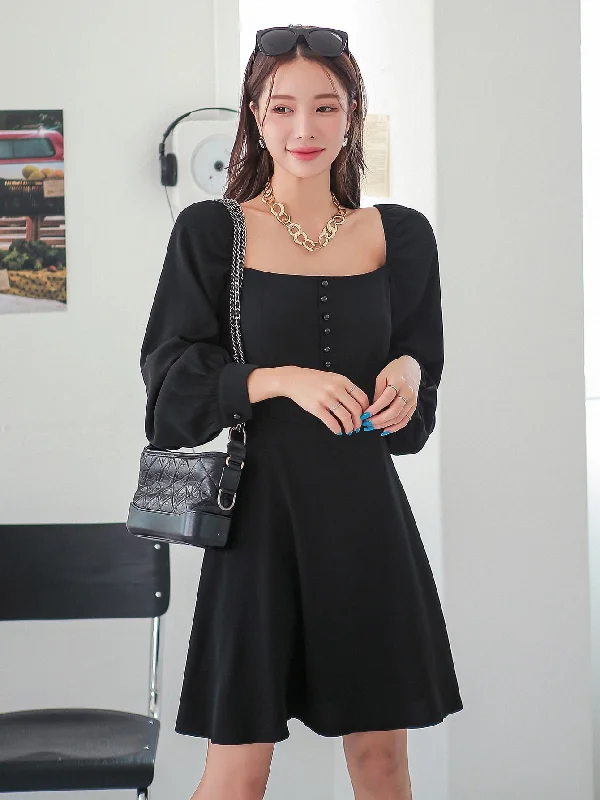 Plain Button Long Sleeve Square Neck Flared High Waist Short Dress Elegant Women's Formal 