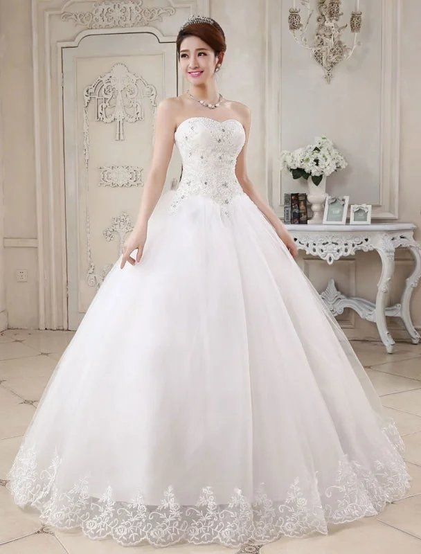 Princess Wedding Dresses Ivory Ball Gown Bridal Dress Strapless Sweetheart Neck Lace Beaded Pleated Wedding Gown Rugged Women's Outdoor 