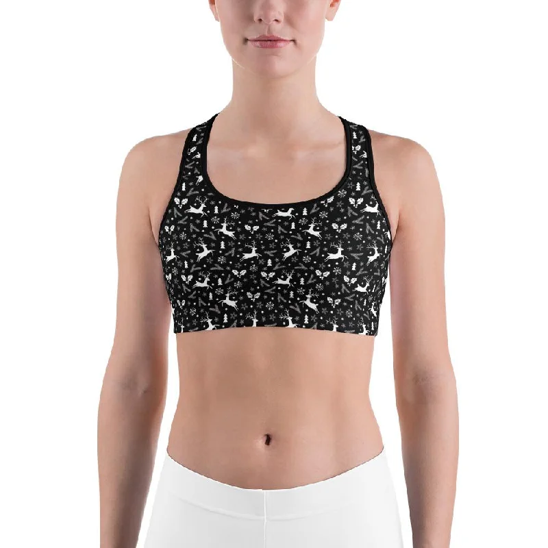 Black Reindeer Christmas Sports Bra Women