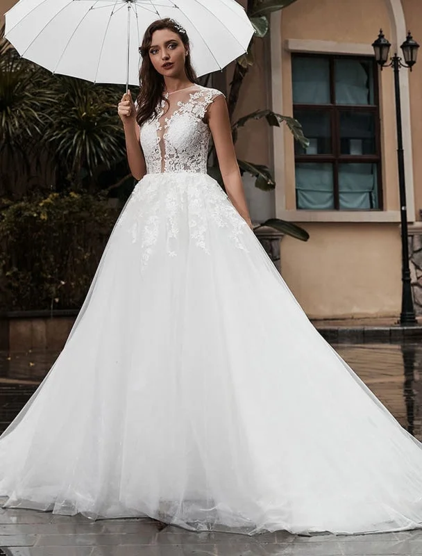 Pricess Wedding Dress Lace Bodice Tulle Satin Fabric Sweep Train Applique Wedding Gown Exclusive Artistic Women's Hand - painted