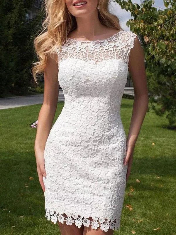 Short Wedding Dress Lace Jewel Neck Sleeveless Bridal Gowns With Panel Train Artistic Women's Avant - 