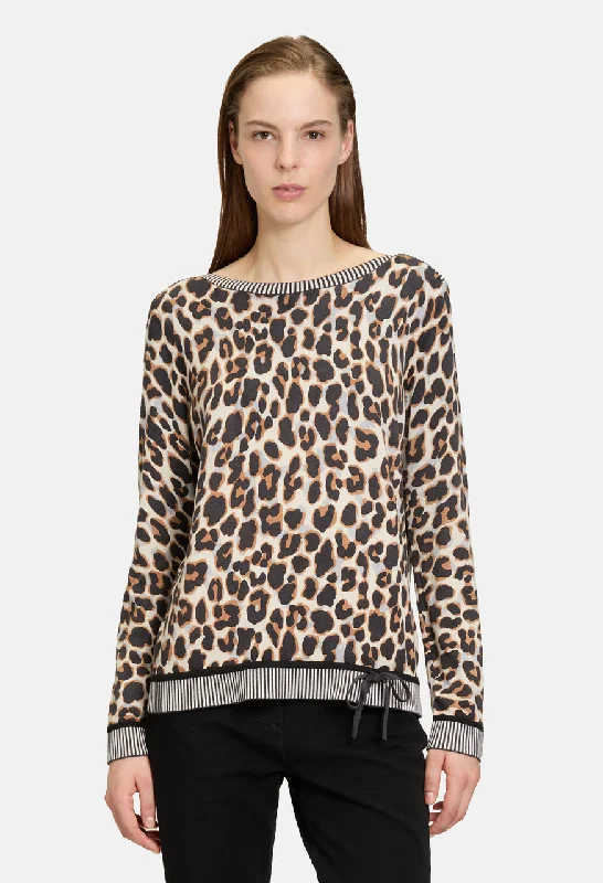 Leopard Print Knit Sweater with Drawstring Cozy Women's Winter