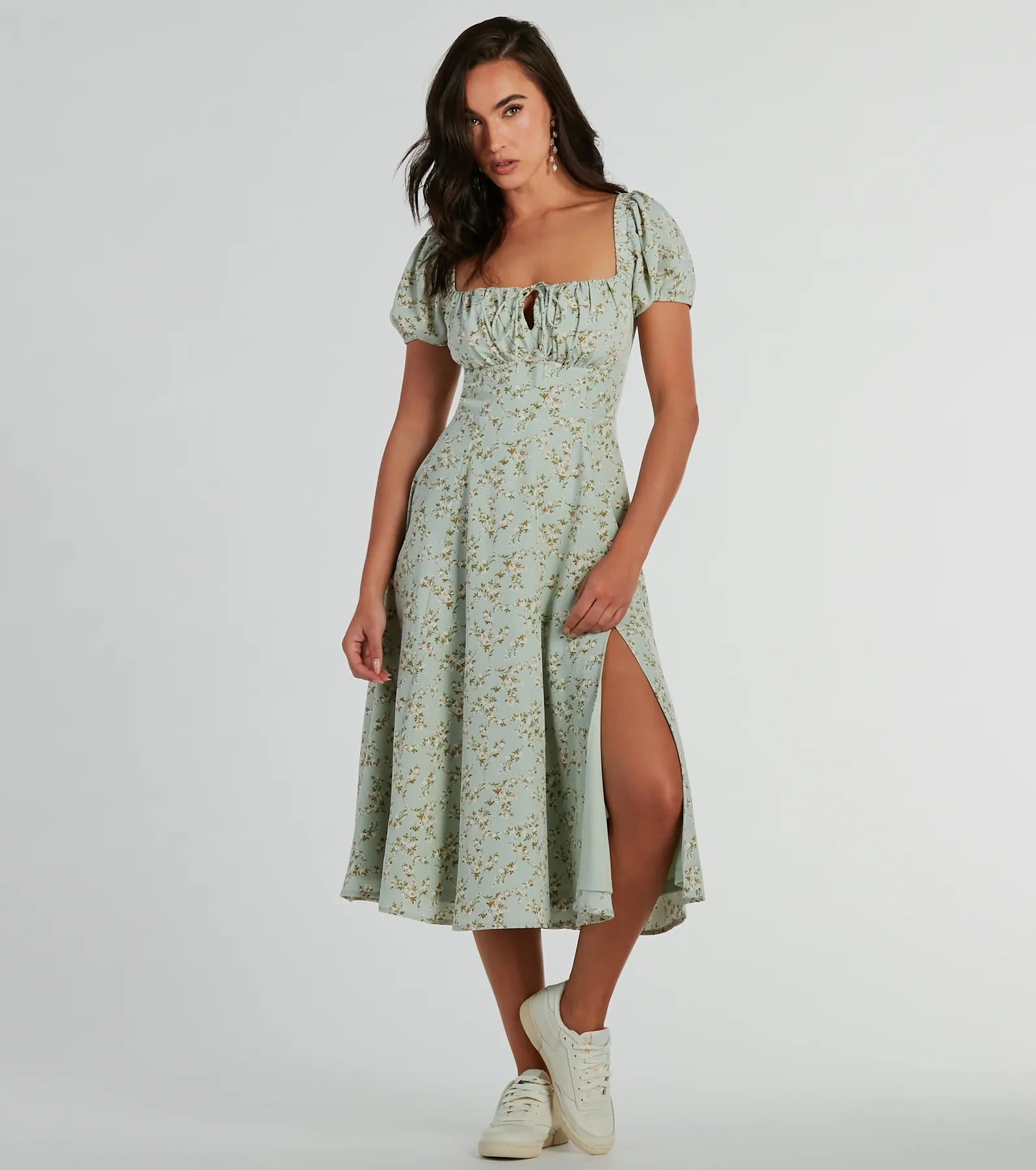 RSVP To Cute Ditsy Wildflower Tie A-Line Midi Dress Streetwear Style for 