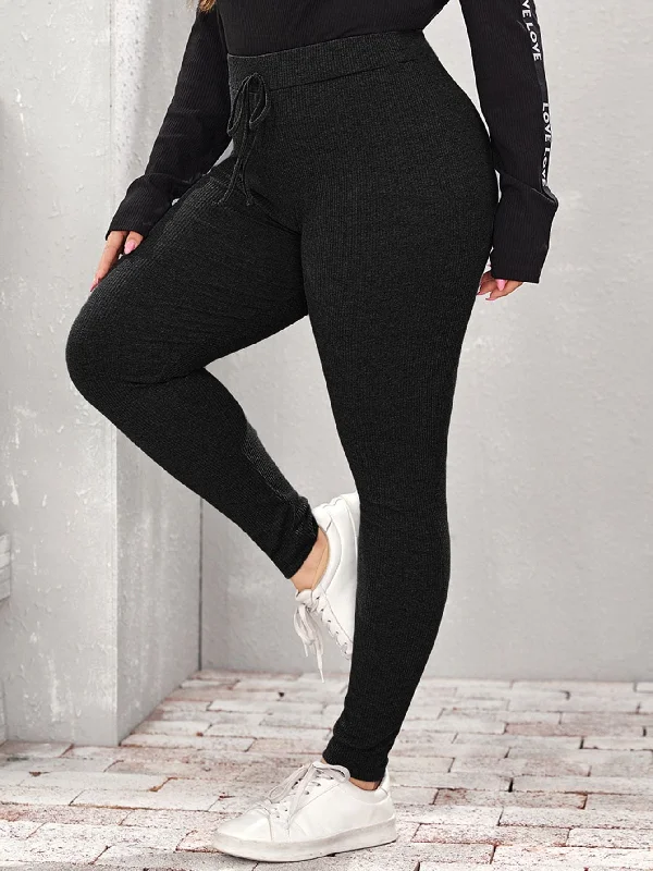 Plain Rib-Knit Cropped Plus Size Leggings Polished Women's Silk