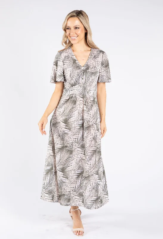 Palm Print V Neck Midi Dress Rugged Women's Outdoor 