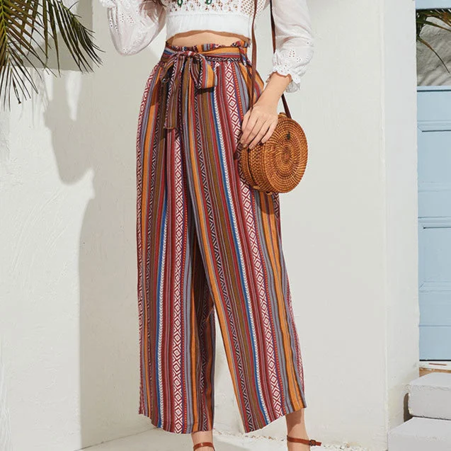 Striped Print Ethnic Style Lace-Up Womens Boho Wide-Leg Trousers Casual Loose Wholesale Pants Australian Beach