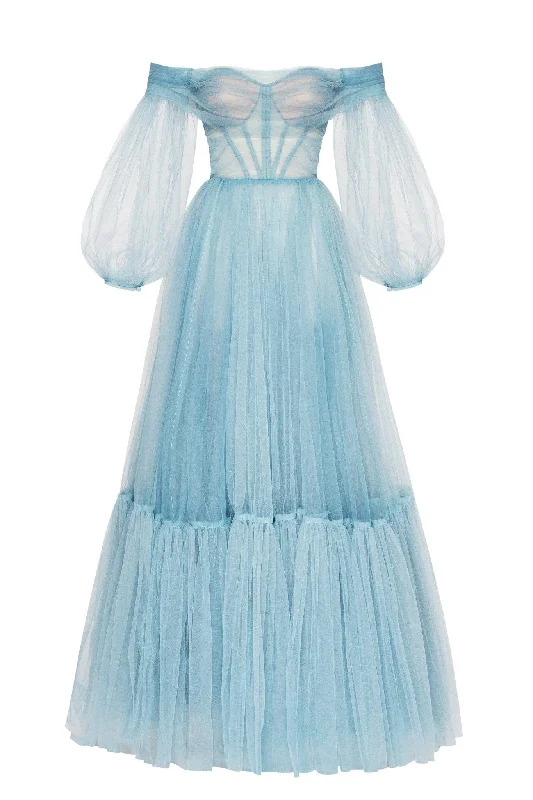 Ocean Wave Sheer Sleeves Maxi Tulle Dress Laid - back Women's Vibe