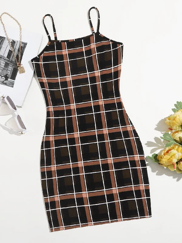 Plaid Sleeveless Spaghetti Strap Pencil Natural Short Dress Modern Women's 