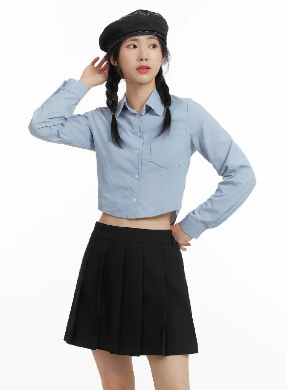Solid Collar Button-Up Crop Top OM408 Earthy Women's 