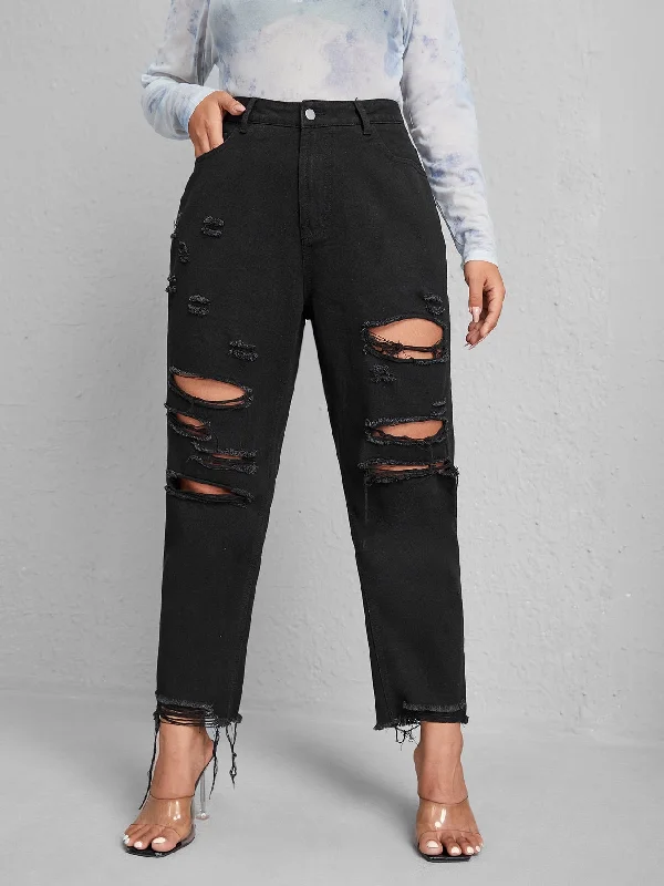Plain Zipper High Waist Cropped Plus Size Jeans Geometric