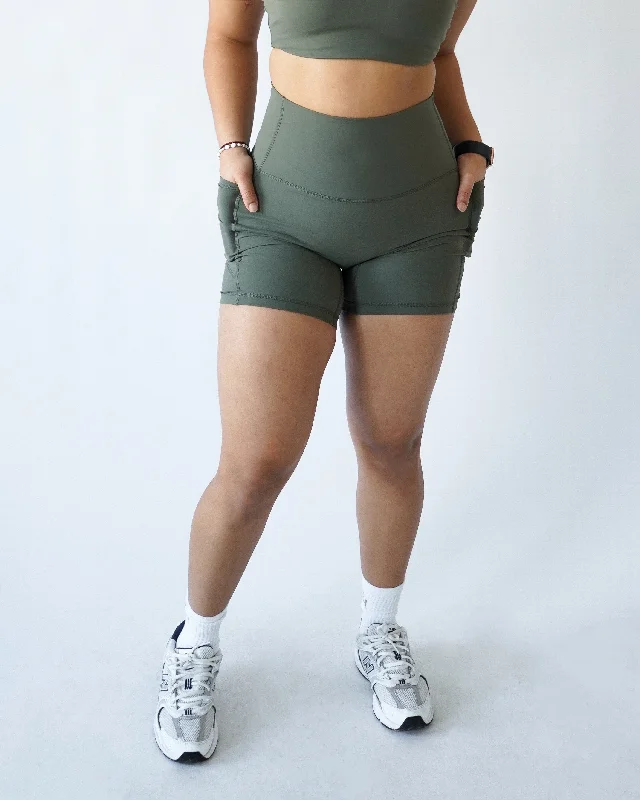 Performance Pocket Biker Shorts - Olive Athletic Women's 