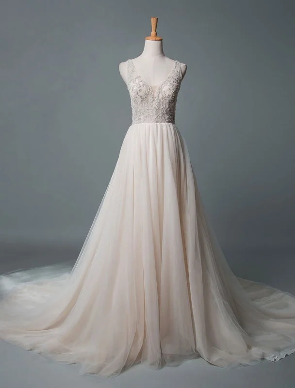 Simple Wedding Dress A Line V Neck Sleeveless Applique Beaded Floor Length Bridal Dresses Traditional Women's 
