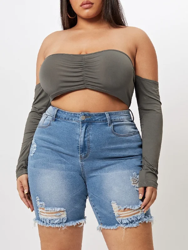 Colorblock Zipper Natural Plus Size Denim Shorts Dynamic Women's High - energy