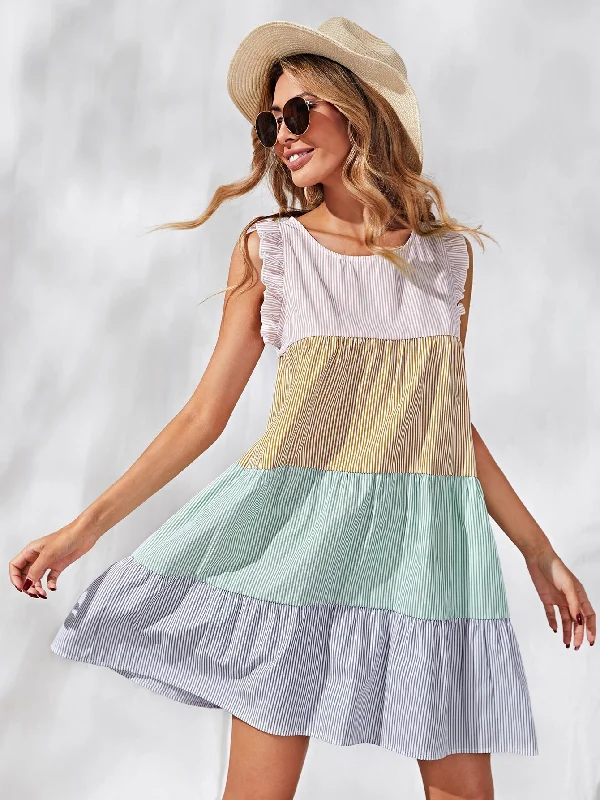 Colorblock Ruffle Hem Sleeveless Round Neck Flounce Natural Short Dress Business
