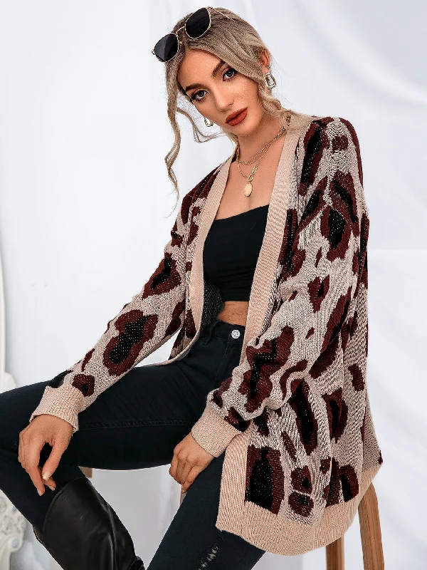 Casual All Over Print Long Sleeve Long Women Cardigan Dapper Women's Bow - adorned