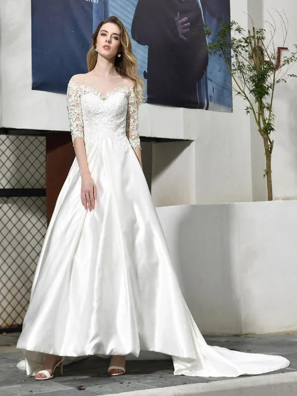 Simple Wedding Dress Jewel Neck Half Sleeves A Line Beaded Bridal Dresses With Train Preppy Women's College