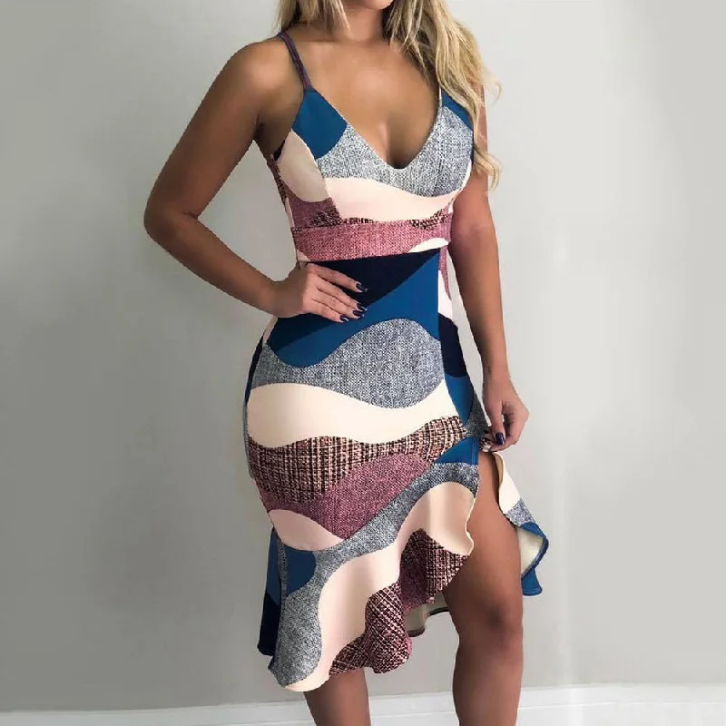 Deep V Neck Sleeveless Printed Back Lacing Midi Dress Rugged Women's Outdoor 