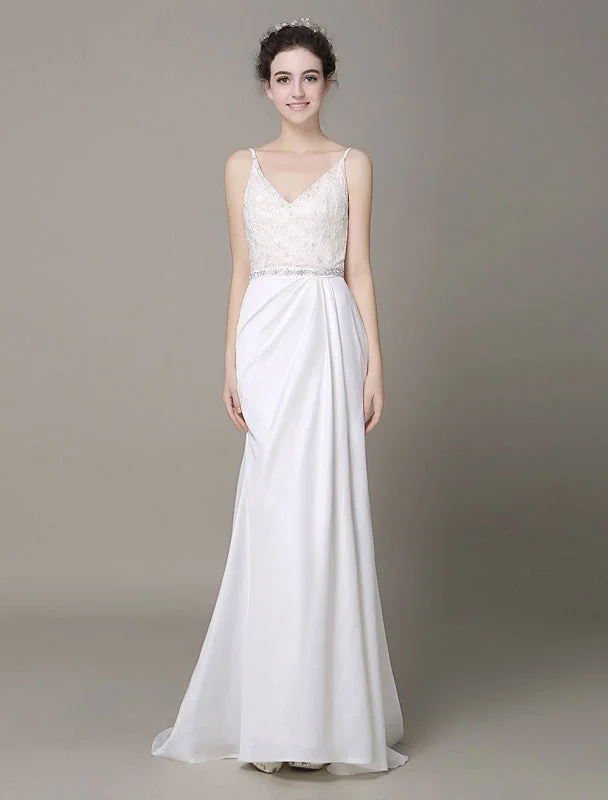 Satin Sheath Wedding Dress Plunging Neckline Bow Back Belt Lace Beading Evening Dress Exclusive Tough Women's Military - inspired
