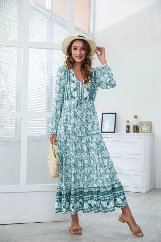 BerryBetty - Women's V-Neck Front Button Lantern Sleeve Floral Print Drawstring High Waist Maxi Dress Dapper Women's Bow - adorned