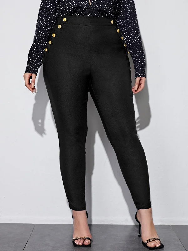 Plain Double Button Long Plus Size Pants Sustainable Organic