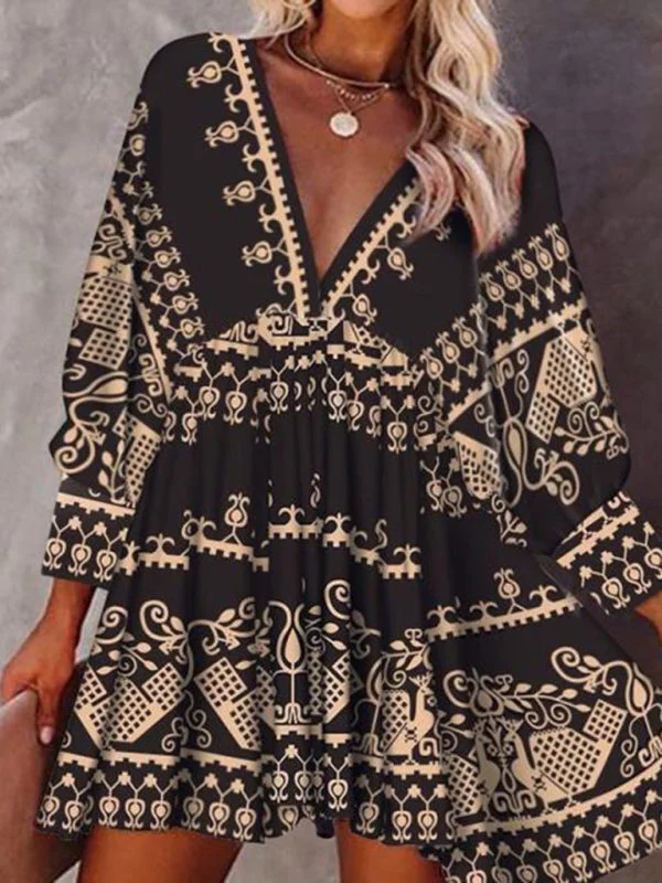 BerryBetty - Women's Printed Three-quarter-sleeve Fit And Flare V-nack Dress Women
