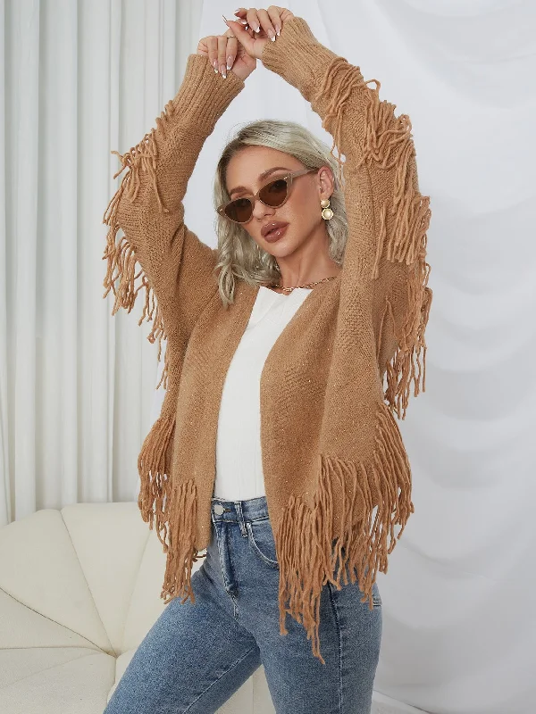 Casual Plain Fringe Long Sleeve Regular Women Cardigan Relaxed Women's Beachy