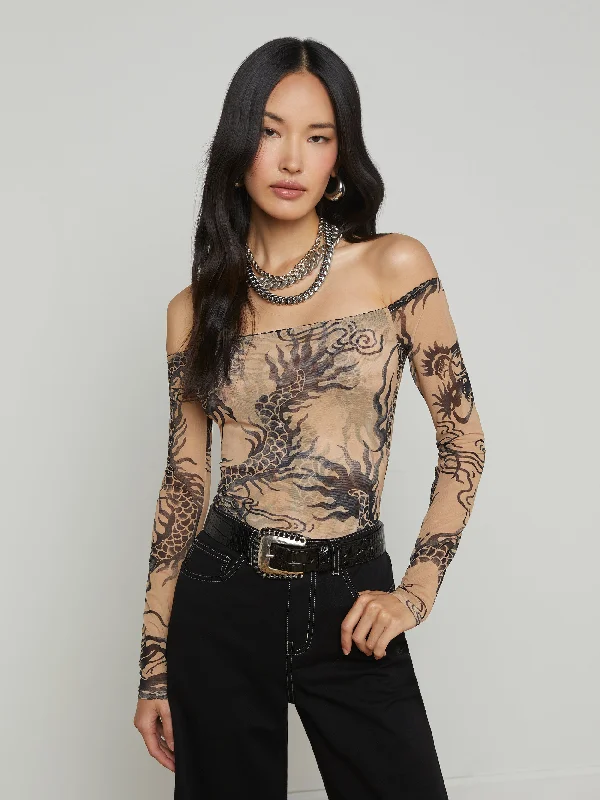 Peonie Off-The-Shoulder Bodysuit Artistic Women's Hand - painted