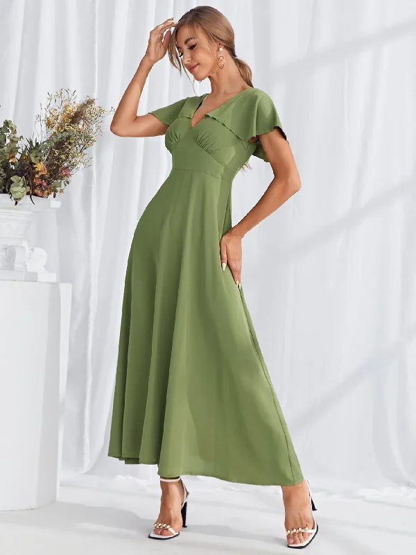 Plain Lace Up Short Sleeve V Neck Flared High Waist Long Dress Adventure